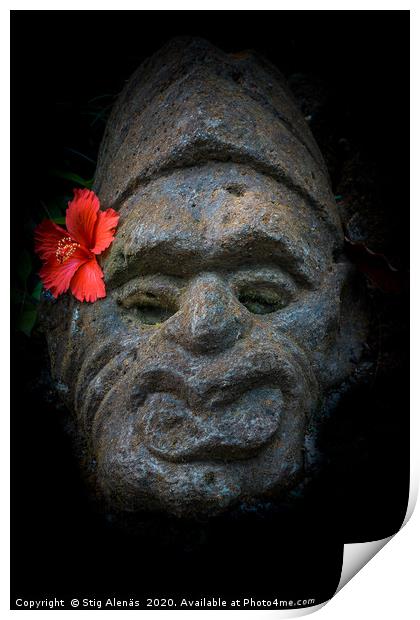 Balinesian stone face with a hibiscus flower Print by Stig Alenäs