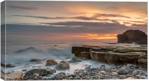 South Shields rocks at sunrise Canvas Print by Marcia Reay