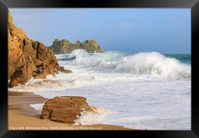 Incoming waves (Porthcurno) Framed Print by Andrew Ray