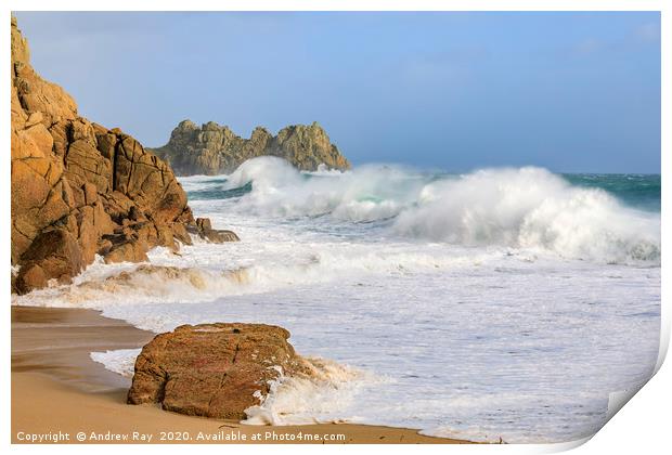 Incoming waves (Porthcurno) Print by Andrew Ray