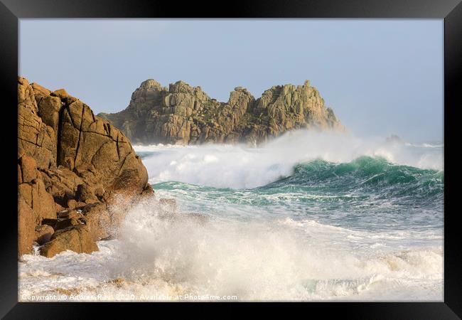 Rough seas at Porthcurno Framed Print by Andrew Ray