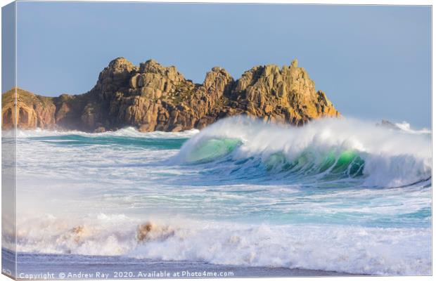 Breaking wave and Logan Rock Canvas Print by Andrew Ray