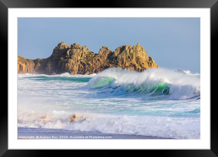 Breaking wave and Logan Rock Framed Mounted Print by Andrew Ray