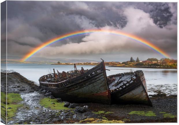 Isle of Mull Rainbow over Fishing Boat Wrecks Canvas Print by John Finney