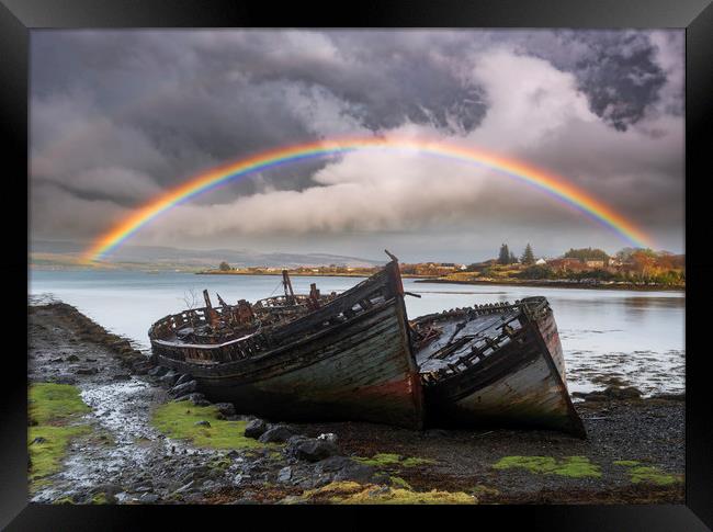 Isle of Mull Rainbow over Fishing Boat Wrecks Framed Print by John Finney