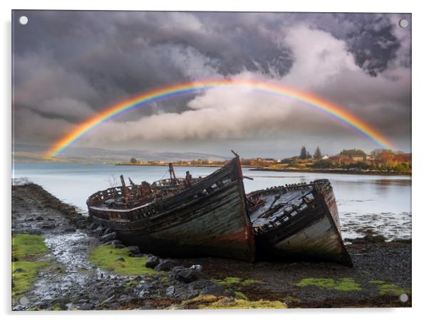 Isle of Mull Rainbow over Fishing Boat Wrecks Acrylic by John Finney