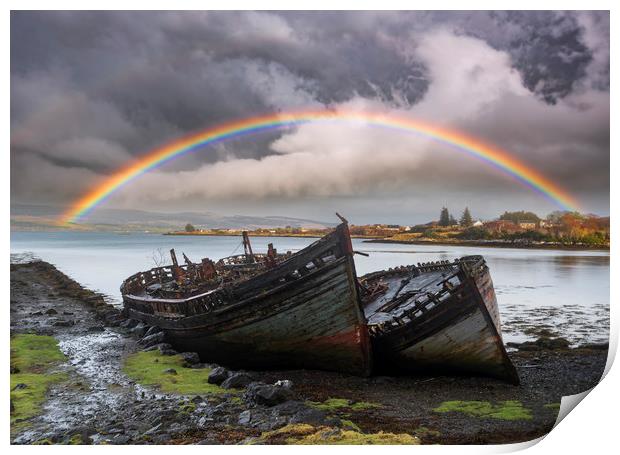 Isle of Mull Rainbow over Fishing Boat Wrecks Print by John Finney