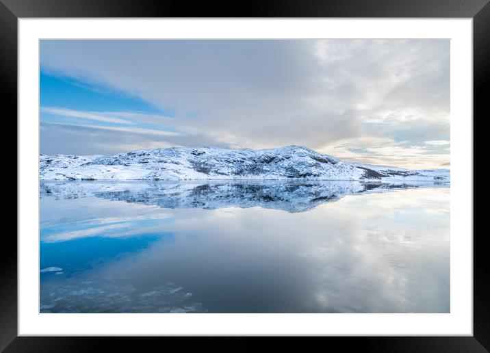 Norway - snow on an island in a smooth sea Framed Mounted Print by Dave Collins