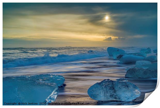 Ice blocks on the Beach at Jokulsarlon on the sout Print by Nick Jenkins