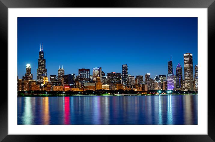 Amazing Chicago skyline in the evening - CHICAGO,  Framed Mounted Print by Erik Lattwein