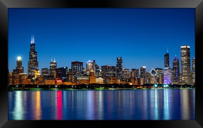 Amazing Chicago skyline in the evening - CHICAGO,  Framed Print by Erik Lattwein