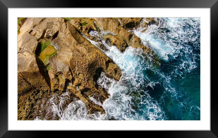 Wild Ocean water from above - Waves hitting the ro Framed Mounted Print by Erik Lattwein