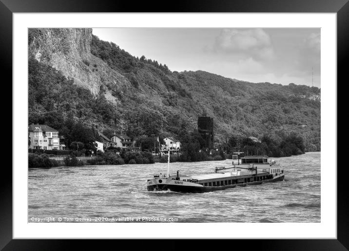 Barge on the Rhine - B&W Framed Mounted Print by Tom Gomez
