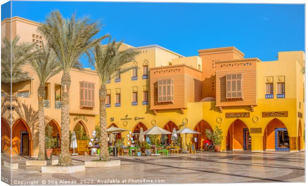 Egyptian piazza with colourful houses and a restau Canvas Print by Stig Alenäs