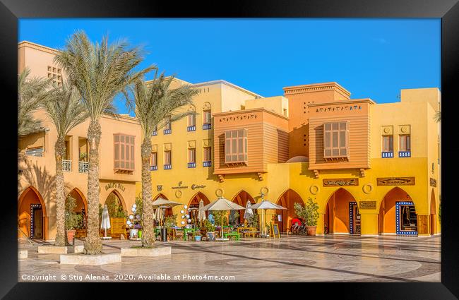 Egyptian piazza with colourful houses and a restau Framed Print by Stig Alenäs
