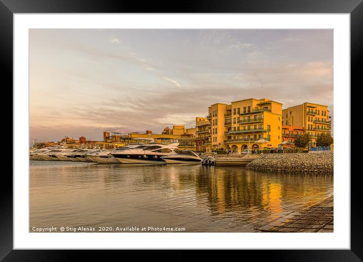 At sunset in the marina, motor yachts with space f Framed Mounted Print by Stig Alenäs