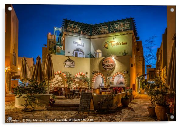 A colourful picturesque restaurant illuminated at  Acrylic by Stig Alenäs