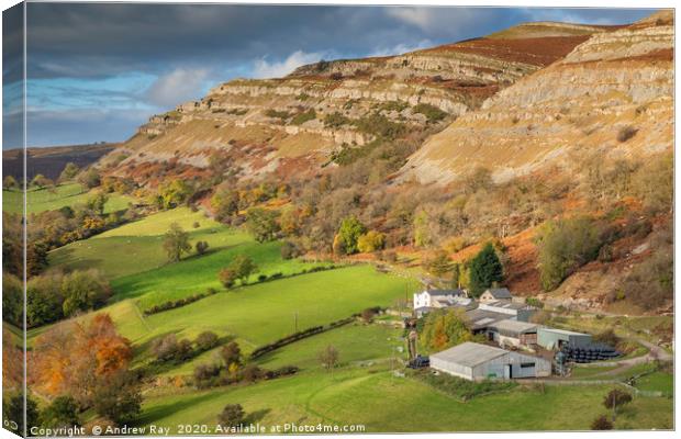 Farm and Eglwyseg Rocks from Castell Dinas Bran Canvas Print by Andrew Ray