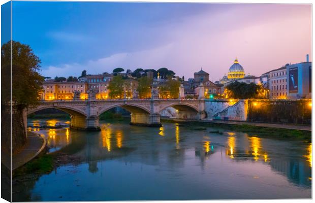 Amazing evening view over River Tiber and its brid Canvas Print by Erik Lattwein