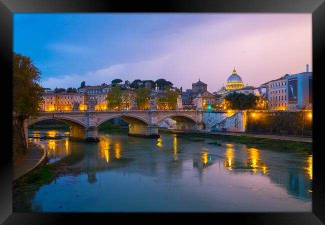 Amazing evening view over River Tiber and its brid Framed Print by Erik Lattwein