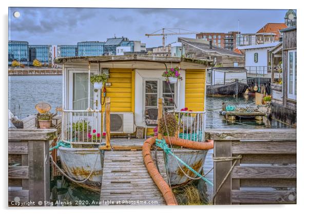 gangway to a romantic houseboat with flowers on th Acrylic by Stig Alenäs