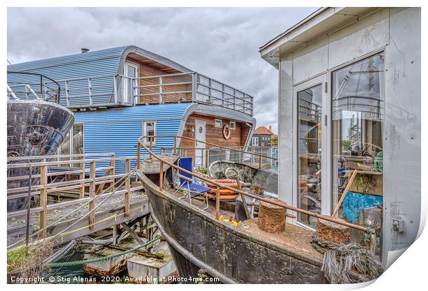 Gangway to old rusty houseboats in the Habour of C Print by Stig Alenäs
