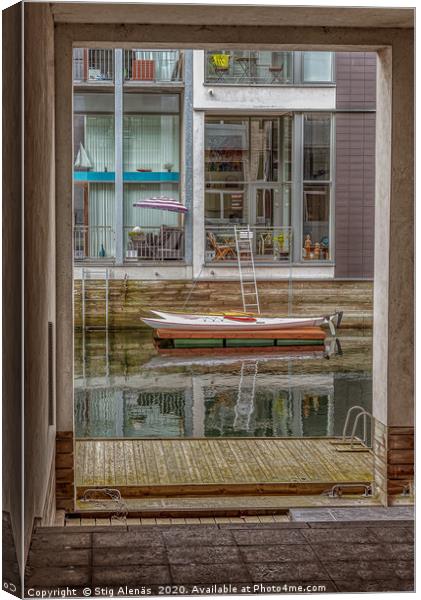 Passage through a tunnel to a canal with kayaks ou Canvas Print by Stig Alenäs