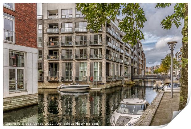 Waterfront apartments with boats at quayside in th Print by Stig Alenäs