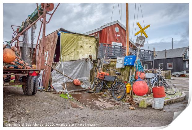 Shed and scrap at the old fishing port in Copenhag Print by Stig Alenäs