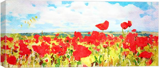 Digital watercolour of poppy field against clouds  Canvas Print by Kevin Hellon