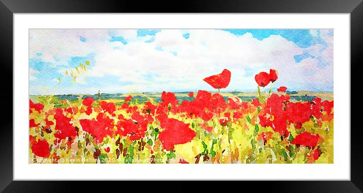 Digital watercolour of poppy field against clouds  Framed Mounted Print by Kevin Hellon