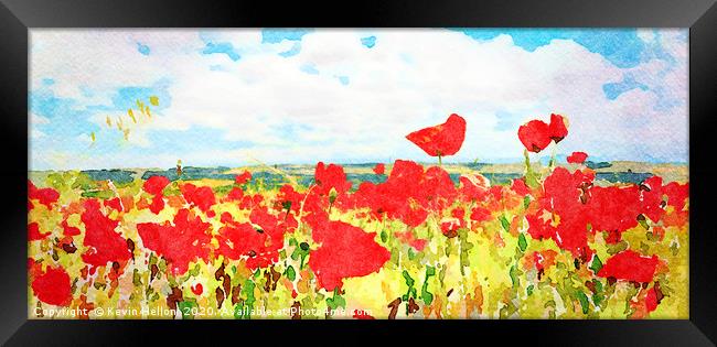 Digital watercolour of poppy field against clouds  Framed Print by Kevin Hellon