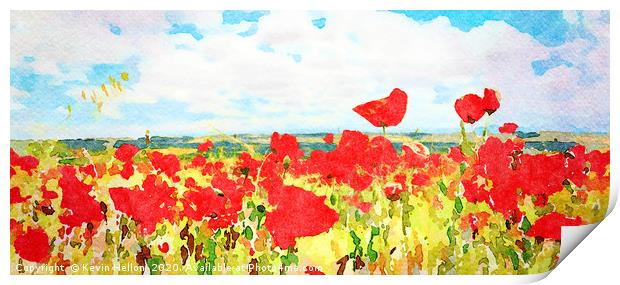 Digital watercolour of poppy field against clouds  Print by Kevin Hellon