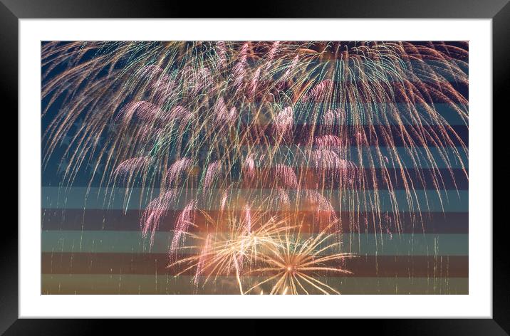 Flag of United States of America with Fireworks fo Framed Mounted Print by Thomas Baker