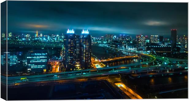 Aerial view over Tokyo by night - beautiful city l Canvas Print by Erik Lattwein
