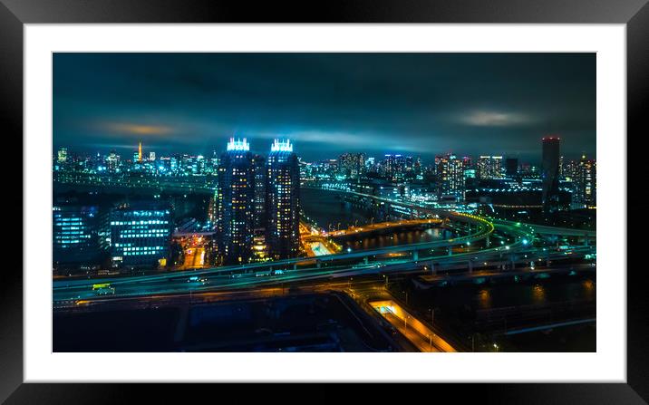 Aerial view over Tokyo by night - beautiful city l Framed Mounted Print by Erik Lattwein