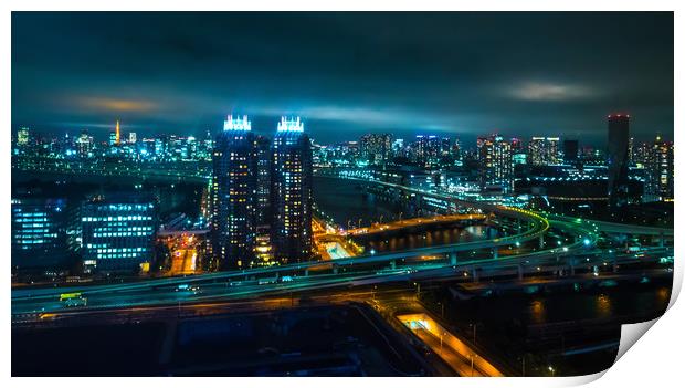 Aerial view over Tokyo by night - beautiful city l Print by Erik Lattwein