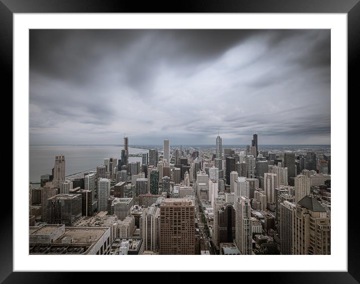 Chicago from above with a dramatic sky Framed Mounted Print by Erik Lattwein