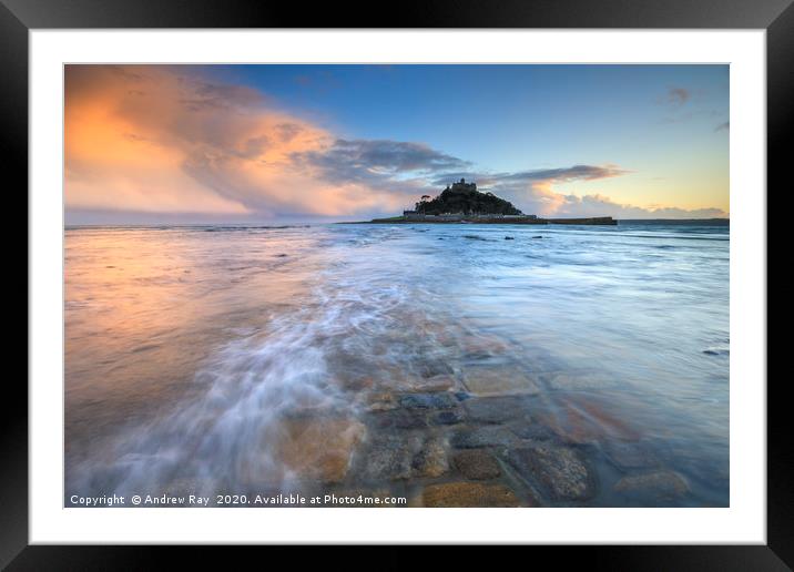 Water covered causeway at sunset (St Michael's Mou Framed Mounted Print by Andrew Ray