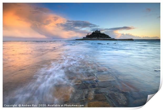 Water covered causeway at sunset (St Michael's Mou Print by Andrew Ray