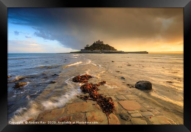 Evening light on the causeway (St Michael's Mount) Framed Print by Andrew Ray
