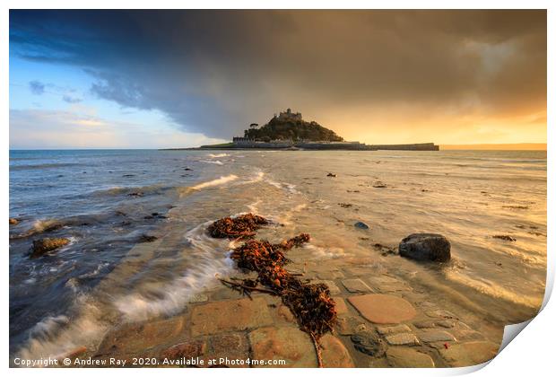 Evening light on the causeway (St Michael's Mount) Print by Andrew Ray