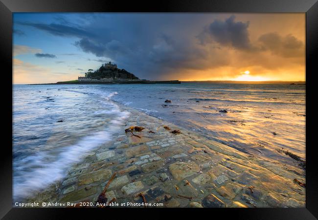 Setting sun from the causeway (St Michael's Mount) Framed Print by Andrew Ray