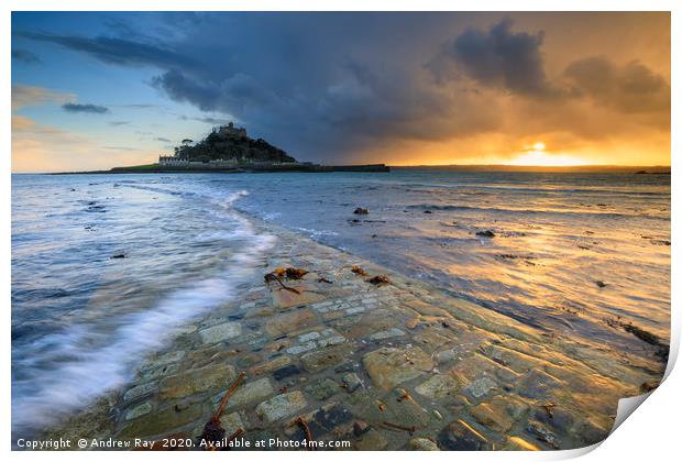 Setting sun from the causeway (St Michael's Mount) Print by Andrew Ray