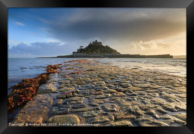 Late light on the causeway St Michael's Mount Framed Print by Andrew Ray