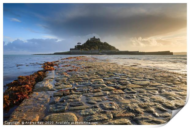 Late light on the causeway St Michael's Mount Print by Andrew Ray