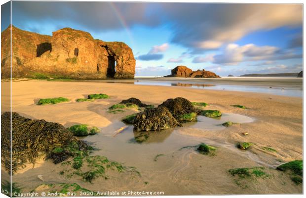 Rainbow over Perranporth Arch Canvas Print by Andrew Ray