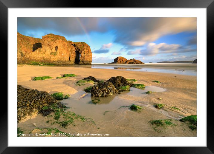 Rainbow over Perranporth Arch Framed Mounted Print by Andrew Ray