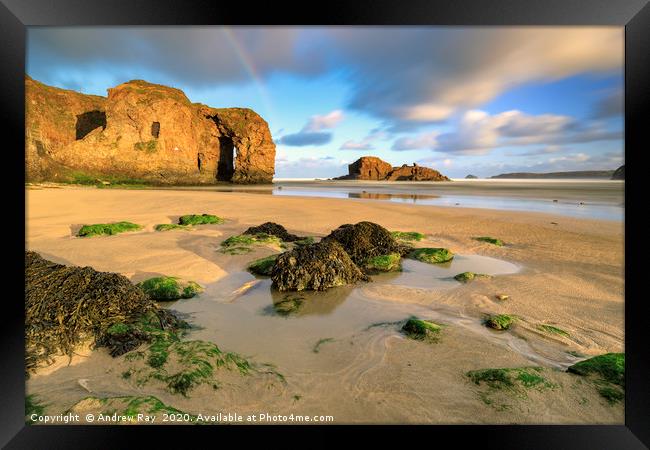 Rainbow over Perranporth Arch Framed Print by Andrew Ray