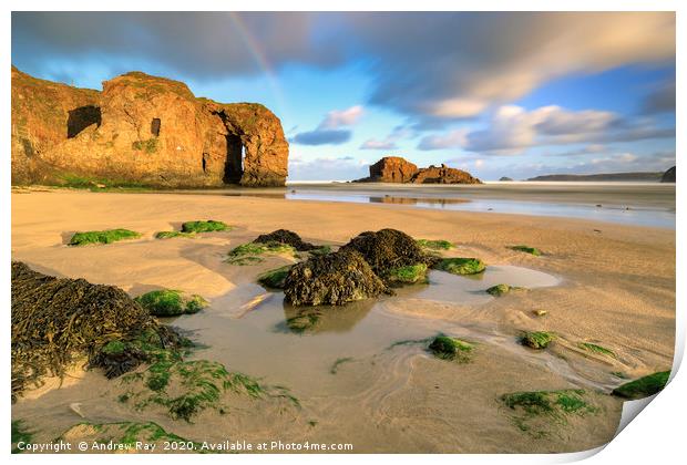 Rainbow over Perranporth Arch Print by Andrew Ray